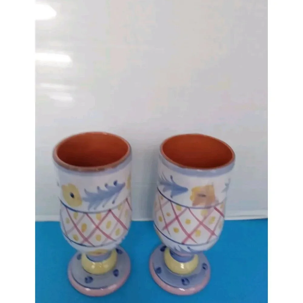 Handpainted Ceramic Wine Goblets Set of 2 - Floral‎ Pattern Terracotta Chalices